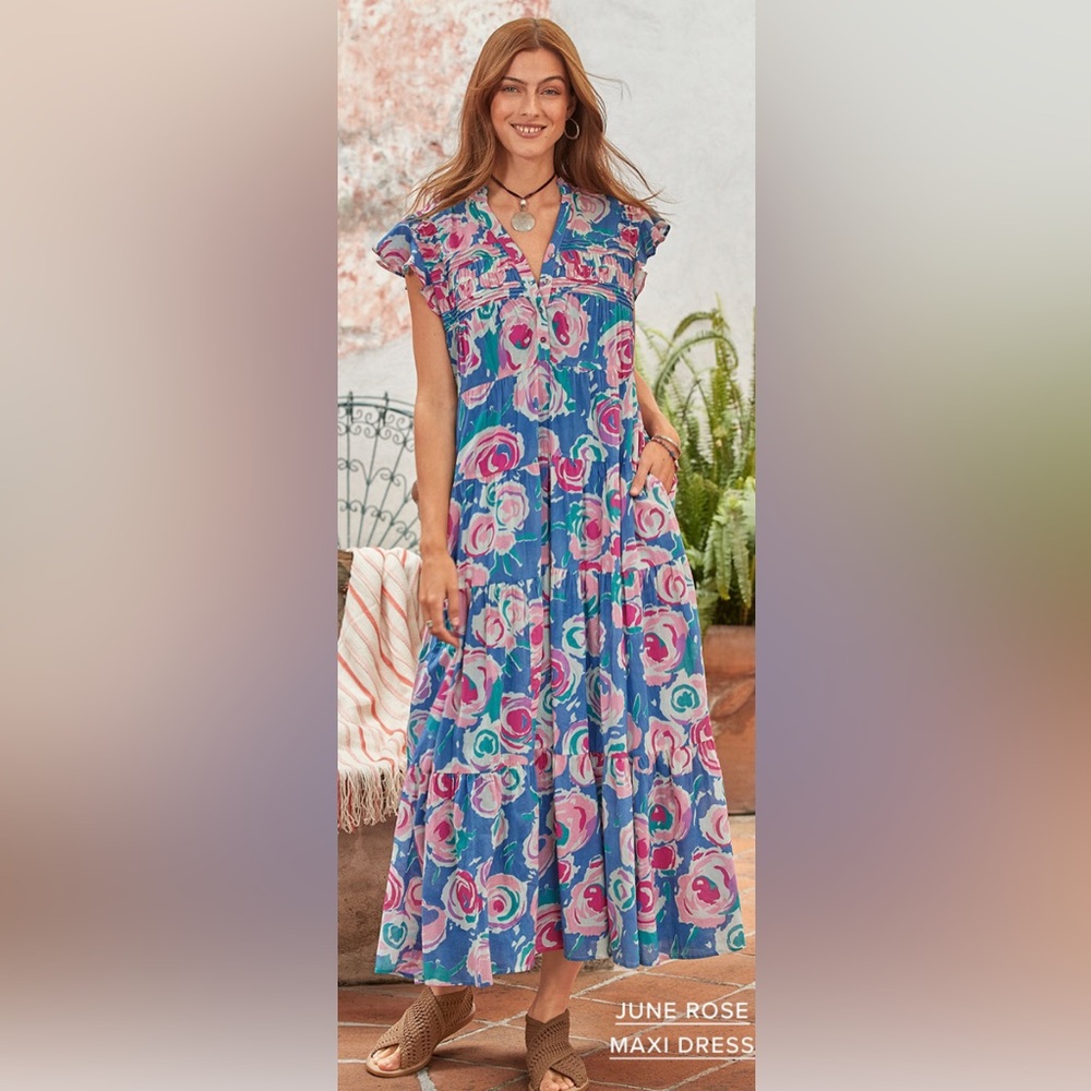 Sundance JUNE ROSE Medium Cotton/Lyocell  MAXI Ruffle CapSlv SIDE  POCKETS euc